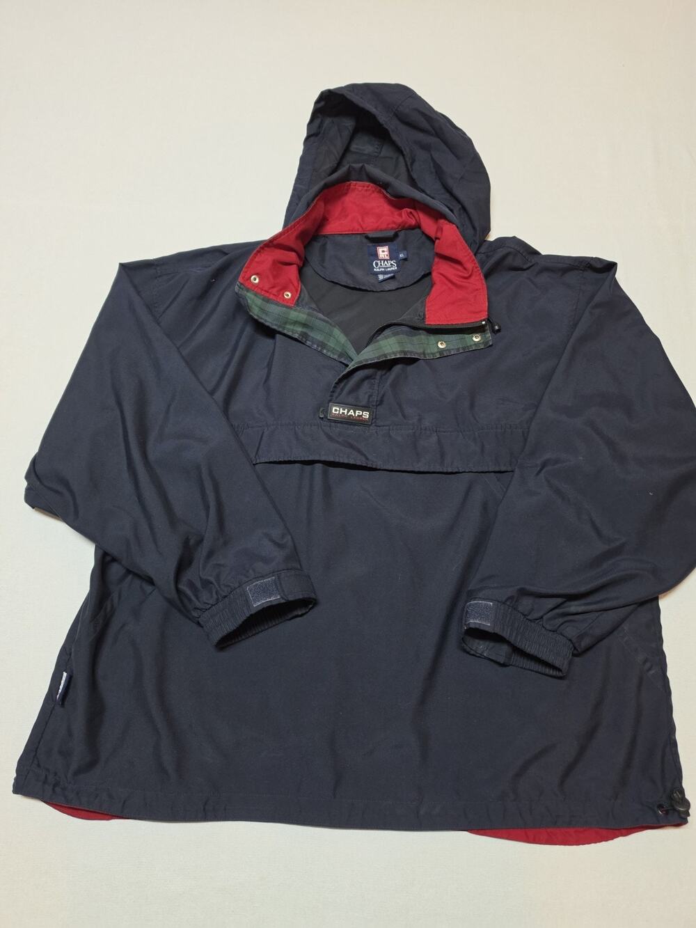 Vintage Chaps Ralph Lauren Mens XL Navy Blue Hooded Pullover Anorak Jacket Plaid